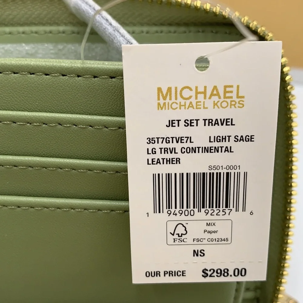 MICHAEL KORS Leather Continental Wristlet Phone Case Wallet Light Sage NWT
